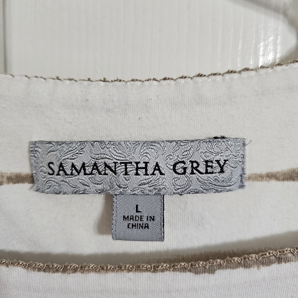 Samantha Grey Striped Embellished Giraffe Blouse Top Size L Neutral Resort Prep - Picture 5 of 8